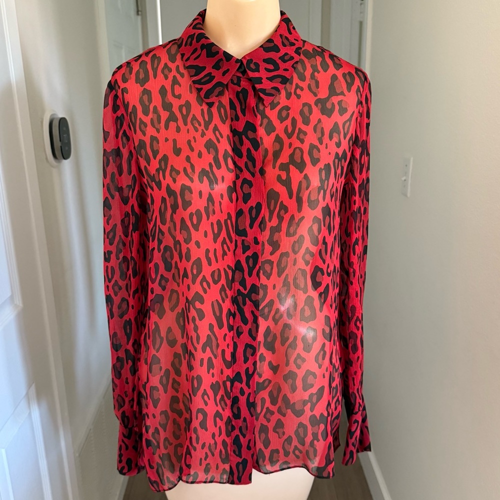 Diane Von Furstenberg DVF Red/Black Animal Print Silk Long Sleeve Blouse Size 0